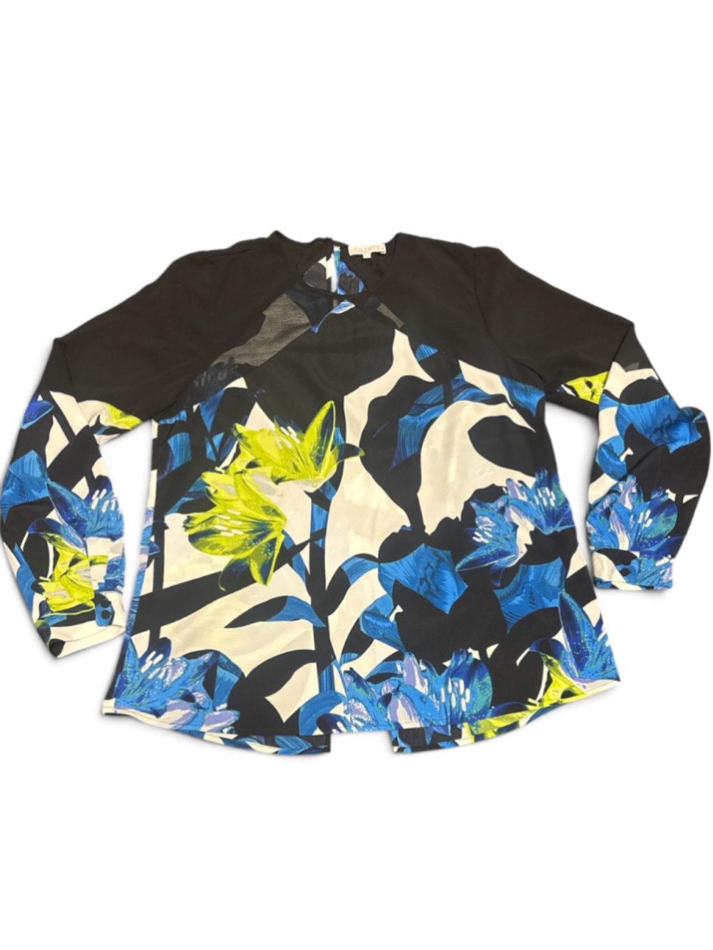 1.STATE Floral Blouse Size L Black Blue Long Sleeve Top